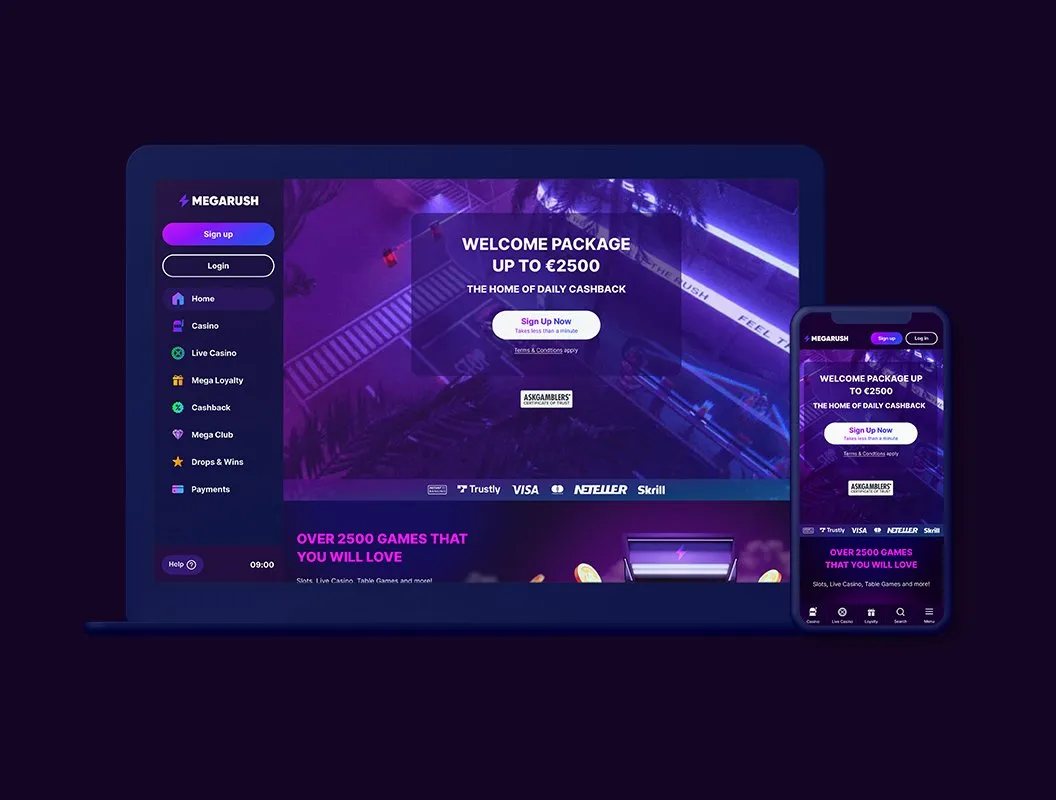 The MegaRush casino lobby shown on a laptop and a phone.